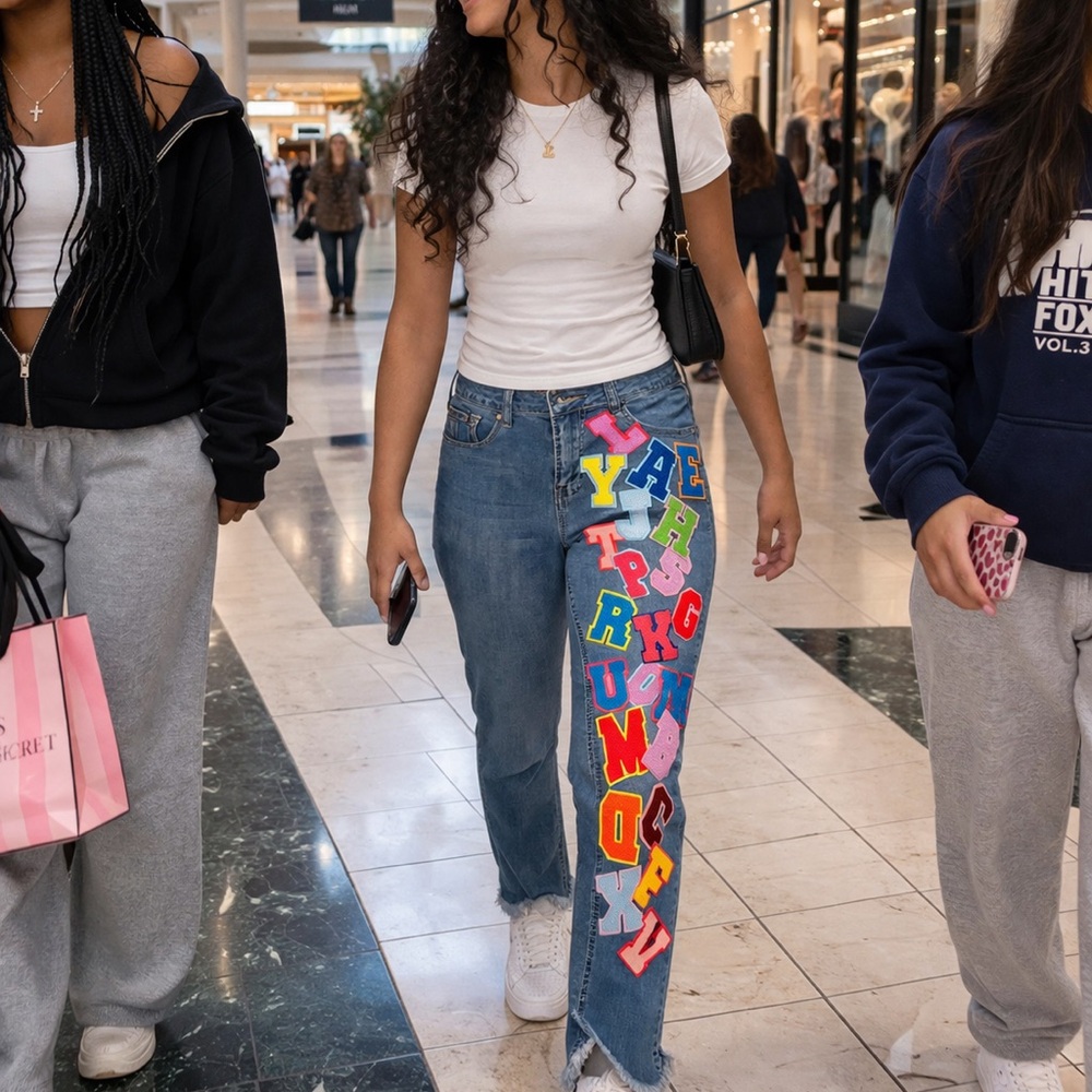 Straight-Leg Denim Jeans with Colorful Letter Patch Detail — Blue